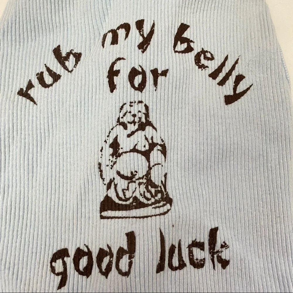 NWOT Ruff Ruff and Meow Ribbed Sky Blue Tee Dog Buddha Rub my Belly Sz Med. B32